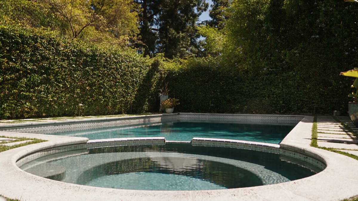 Camera moving across the saltwater pool and circular spa