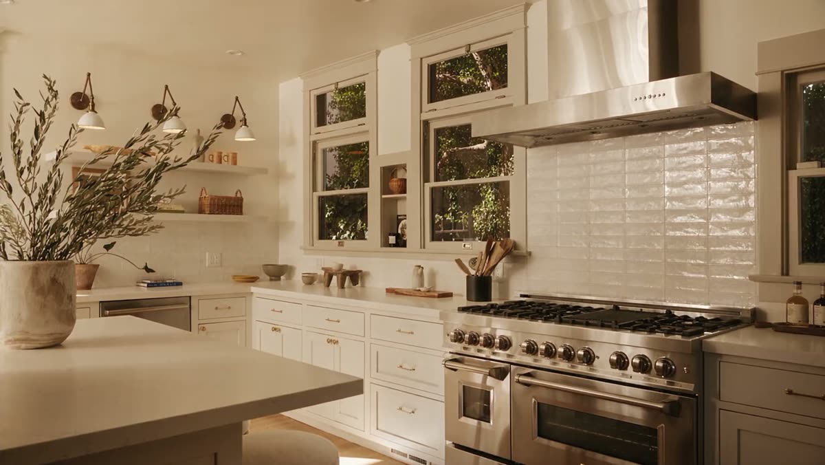Camera travelling around the stone kitchen island past the professional range